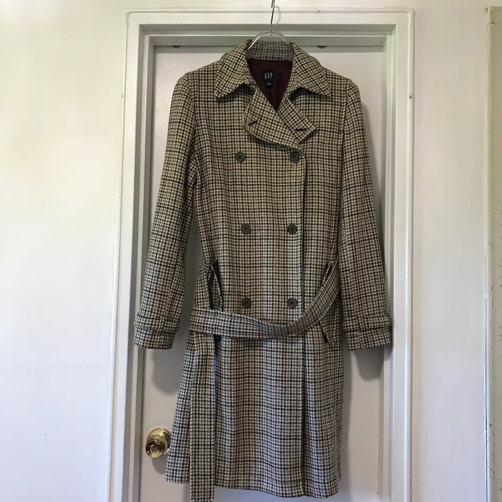 Vintage Gap Houndstooth Pattern Wool Belted Long Trench Double Breasted Medium